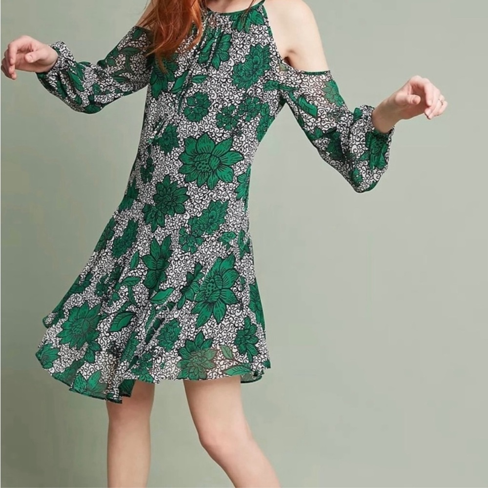 Donna Morgan Anthropologie Cyprus Floral Cold Shoulder Shift Dress Green Black 4